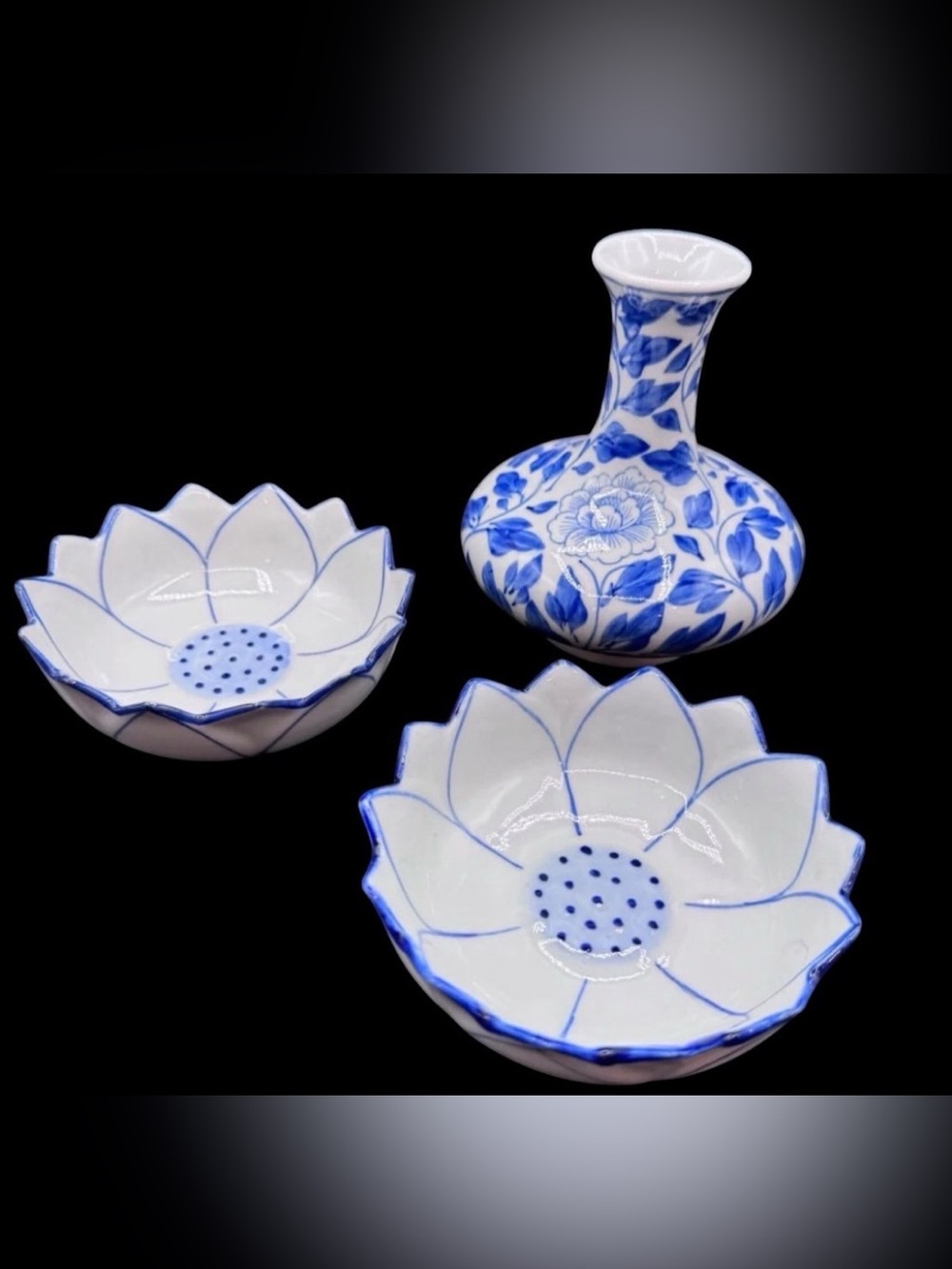 Vintage Hand-Painted Thai Blue & White Lotus Bowl & Vase Set